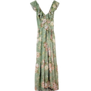 Zara Green Floral Ruffled Crisscross Back Tiered Skirt Chiffon Midi Dress NEW XS